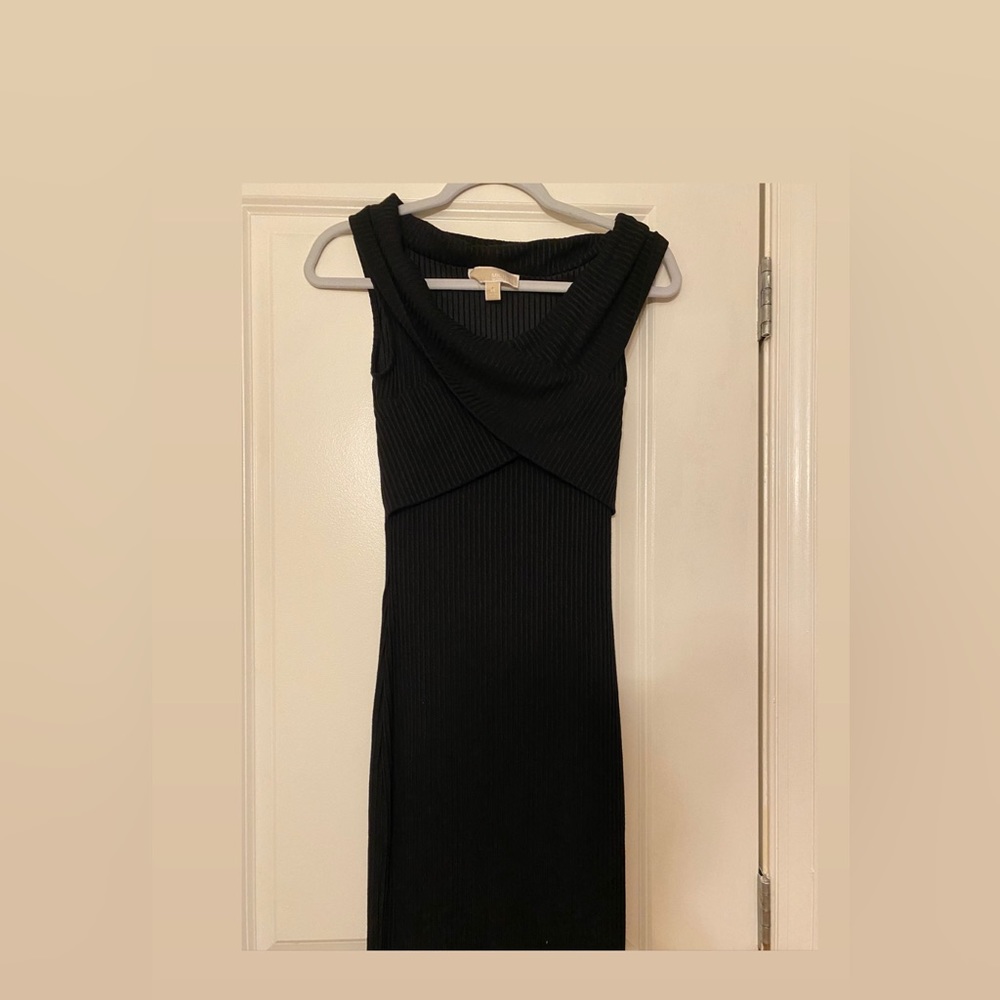 Michael Kors XS Ribbed Off Shoulder midi body con dress Black Cocktail